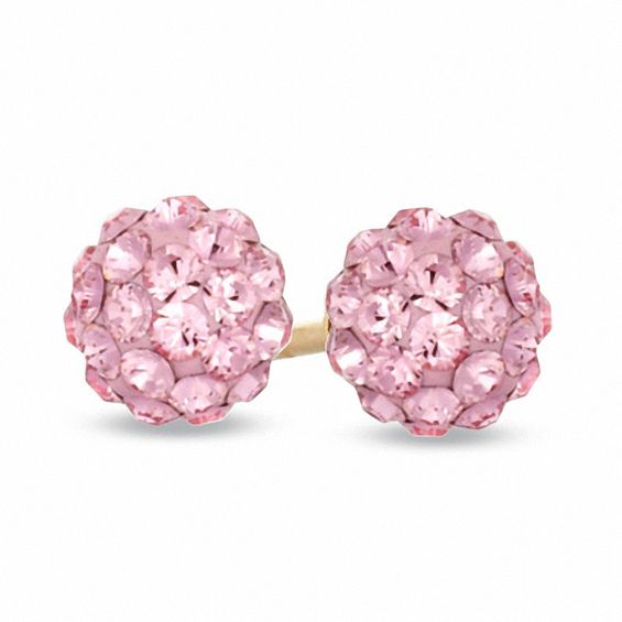 Pink Crystal Ball Stud Earrings in 14K Gold