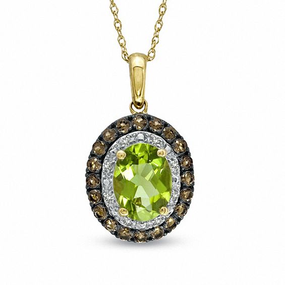 Oval Peridot, Smoky Quartz and Diamond Accent Pendant in 10K Gold