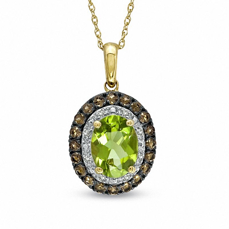 Main Image 1 of Oval Peridot, Smoky Quartz and Diamond Accent Pendant in 10K Gold