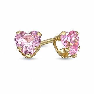 Child's 4.0mm Heart-Shaped Pink Crystal Stud Earrings in 14K Gold