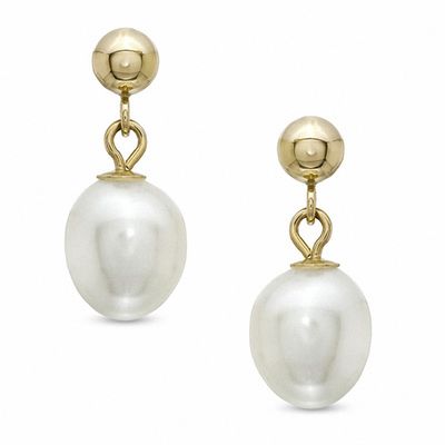 7.0mm Freshwater Cultured Pearl Drop Earrings in 14K Gold