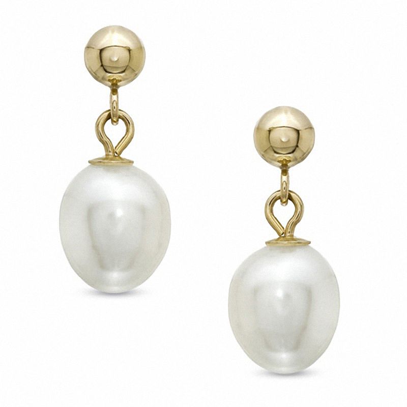 7.0mm Freshwater Cultured Pearl Drop Earrings in 14K Gold
