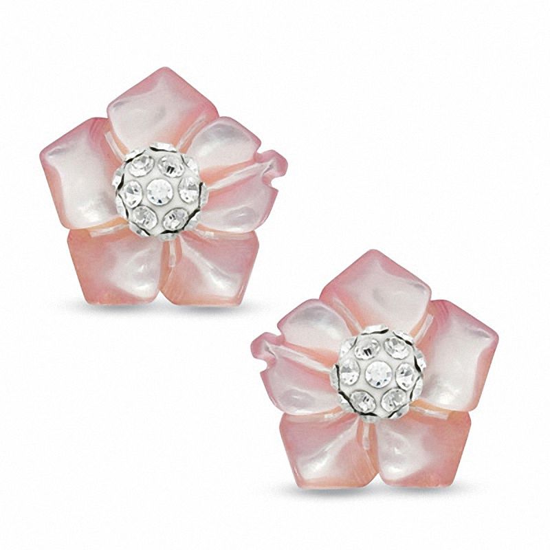 10.0mm Light Pink Mother-of-Pearl and Crystal Flower Earrings in 14K Gold