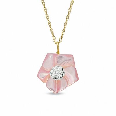 10.0mm Light Pink Mother-of-Pearl and Crystal Flower Pendant in 14K Gold