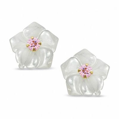 Mother-of-Pearl and Pink Cubic Zirconia Flower Earrings in 14K Gold