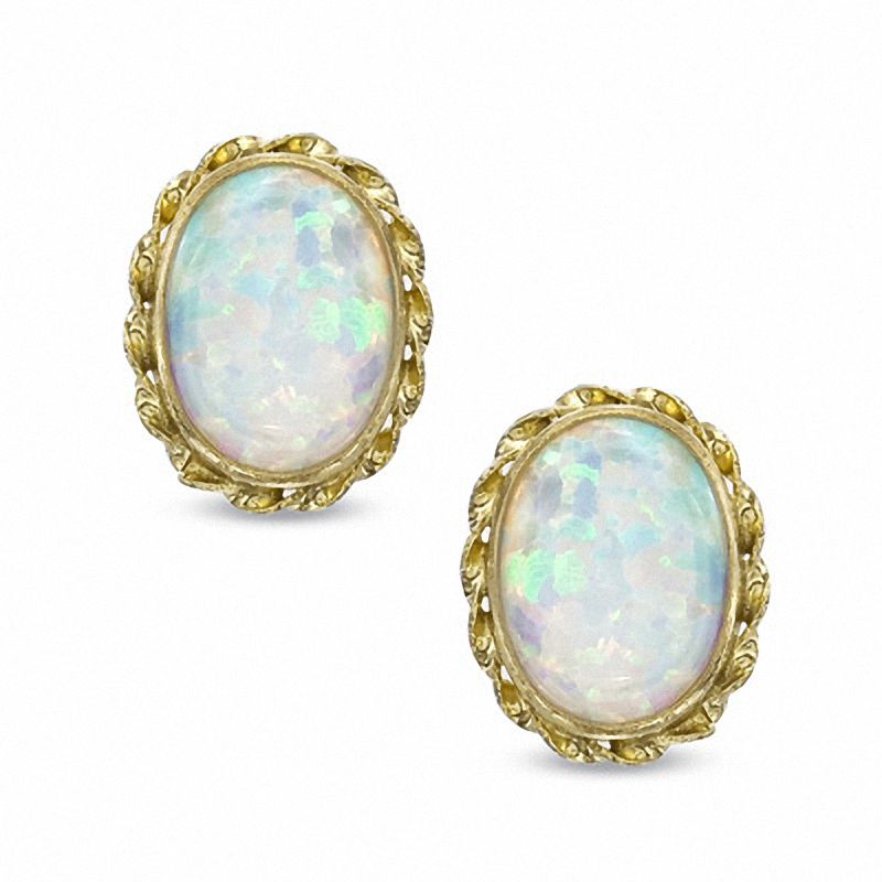 Oval Lab-Created Opal Twist Frame Earrings in 14K Gold|Peoples Jewellers