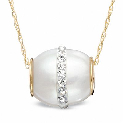 9.0-10.0mm Freshwater Cultured Pearl and Crystal Roller Ball Pendant in 14K Gold