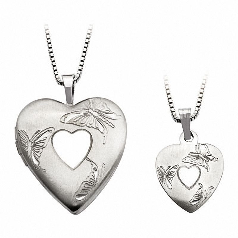 Mother and Daughter Matching Satin-Finish Butterfly Heart Locket and Pendant Set in Sterling Silver|Peoples Jewellers