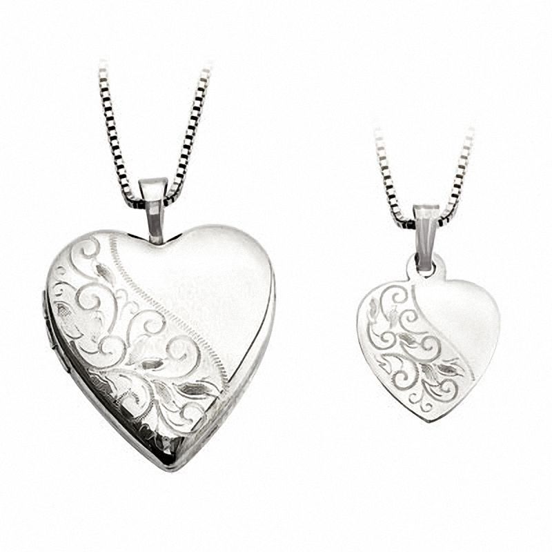 Mother and Daughter Matching Scroll Design Heart Locket and Pendant Set in Sterling Silver|Peoples Jewellers