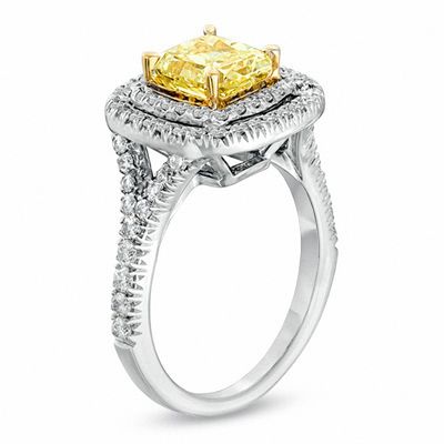 1.95 CT. T.W. Certified Cushion-Cut Yellow Diamond Frame Engagement Ring in 18K White Gold (P/SI2)