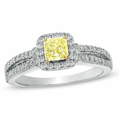 0.95 CT. T.W. Certified Cushion-Cut Yellow Diamond Frame Engagement Ring in 18K White Gold (P/SI2)