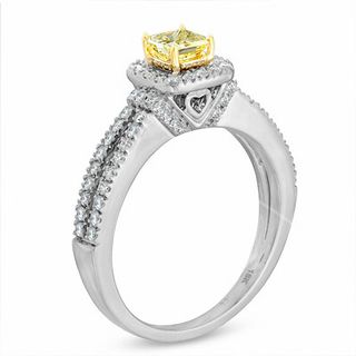 0.95 CT. T.W. Certified Cushion-Cut Yellow Diamond Frame Engagement Ring in 18K White Gold (P/SI2)