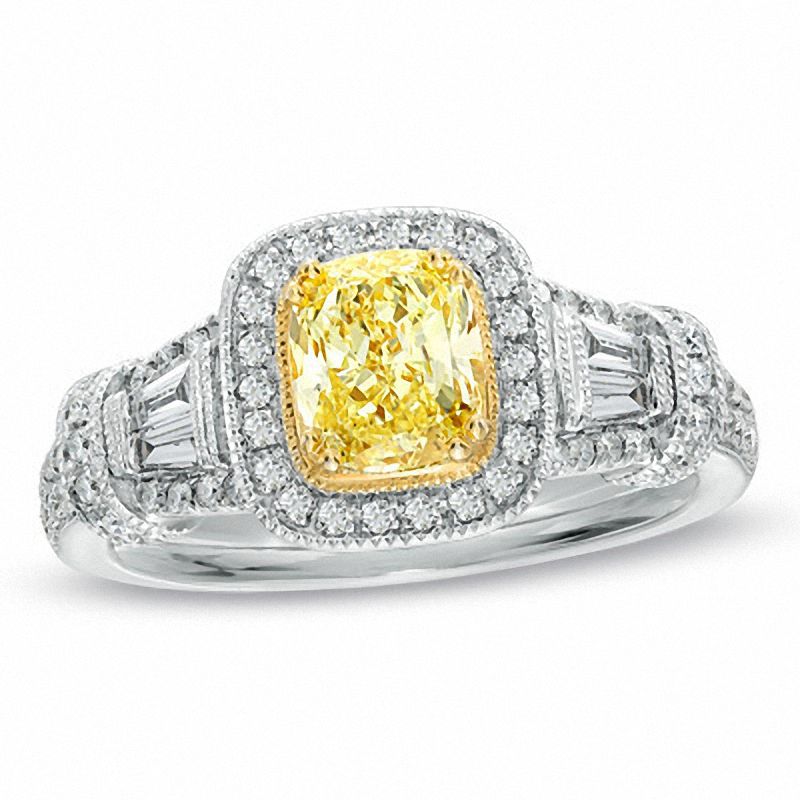 1.20 CT. T.W. Certified Cushion-Cut Yellow Diamond Frame Engagement Ring in 18K White Gold (P/SI2)|Peoples Jewellers