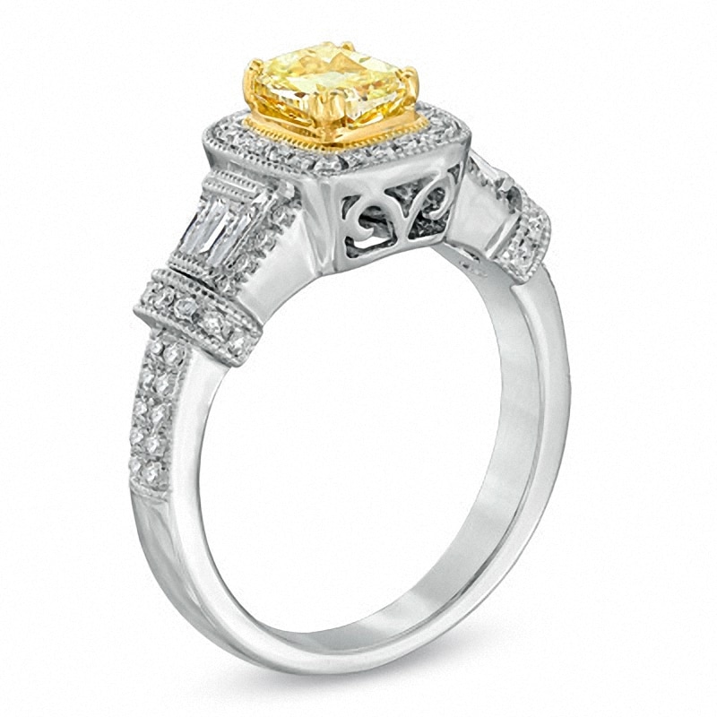 1.20 CT. T.W. Certified Cushion-Cut Yellow Diamond Frame Engagement Ring in 18K White Gold (P/SI2)|Peoples Jewellers