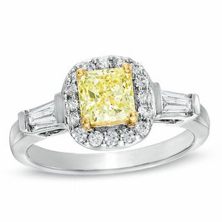 1.03 CT. T.W. Certified Cushion-Cut Yellow Diamond Frame Engagement Ring in 18K White Gold (P/SI2)