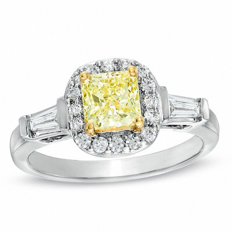 1.03 CT. T.W. Certified Cushion-Cut Yellow Diamond Frame Engagement Ring in 18K White Gold (P/SI2)|Peoples Jewellers