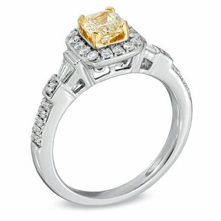 0.95 CT. T.W. Certified Princess-CutYellow and White Diamond Ring in 18K White Gold (P/SI2)