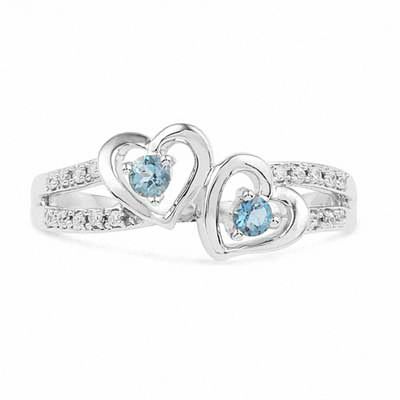 Aquamarine and Diamond Accent Double Heart Ring in Sterling Silver