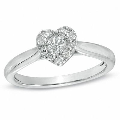 0.37 CT. T.W. Princess-Cut and Round Diamond Heart-Shaped Composite Ring in 14K White Gold