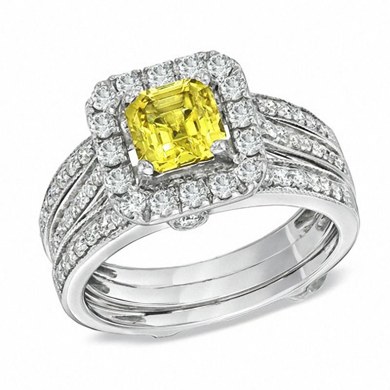 Certified Cushion-Cut Yellow Sapphire and CT. T.W. Diamond Bridal Set in 14K White Gold