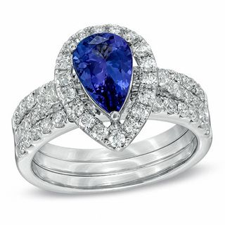 Certified Pear-Shaped Tanzanite and 1.18 CT. T.W. Diamond Three-Piece Bridal Set in 14K White Gold