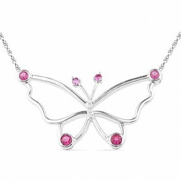 Lab-Created Pink Sapphire and Diamond Accent Butterfly Necklace in Sterling Silver - 16&quot;