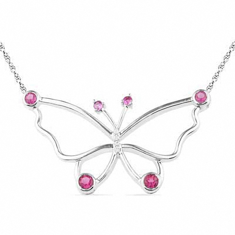 Lab-Created Pink Sapphire and Diamond Accent Butterfly Necklace in Sterling Silver - 16"