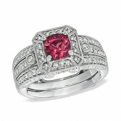 Certified Cushion-Cut Pink Tourmaline and 0.96 CT. T.W. Certified Diamond Bridal Set in 14K White Gold