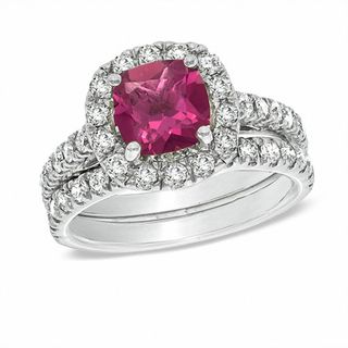 Certified Cushion-Cut Pink Tourmaline and 1.45 CT. T.W. Certified Diamond Bridal Set in 14K White Gold