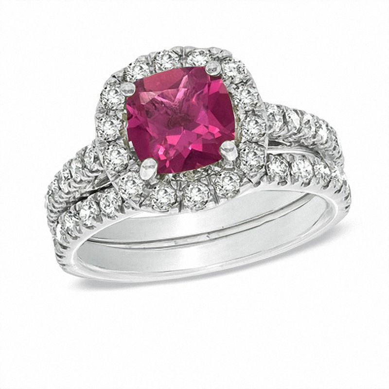 Main Image 1 of Certified Cushion-Cut Pink Tourmaline and 1.45 CT. T.W. Certified Diamond Bridal Set in 14K White Gold