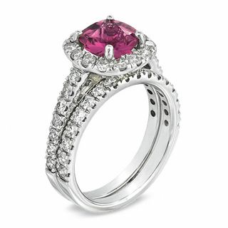 Certified Cushion-Cut Pink Tourmaline and 1.45 CT. T.W. Certified Diamond Bridal Set in 14K White Gold