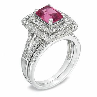 Certified Emerald-Cut Pink Tourmaline and 0.83 CT. T.W. Certified Diamond Bridal Set in 14K White Gold