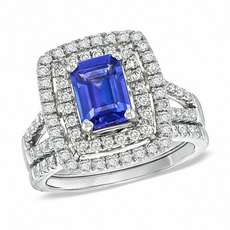 Certified Emerald-Cut Tanzanite and 0.83 CT. T.W. Diamond Bridal Set in 14K White Gold|Peoples Jewellers
