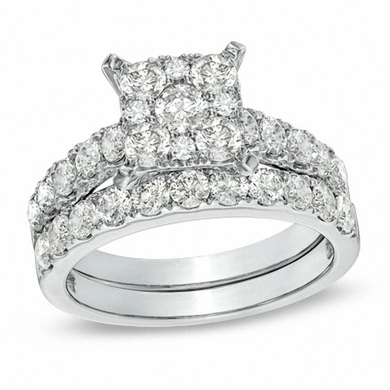 1.95 CT. T.W. Diamond Square Cluster Bridal Set in 14K White Gold