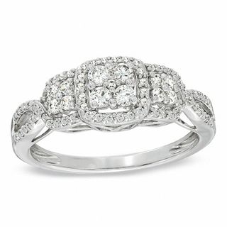 0.45 CT. T.W. Quad Diamond Past Present Future Three Stone Engagement Ring in 10K White Gold