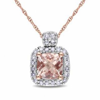 5.0mm Cushion-Cut Morganite and 0.10 CT. T.W. Diamond Frame Pendant in 10K Rose Gold - 17"