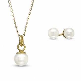 Child's 3.0mm Freshwater Cultured Pearl Pendant and Earrings Set in 14K Gold-15"