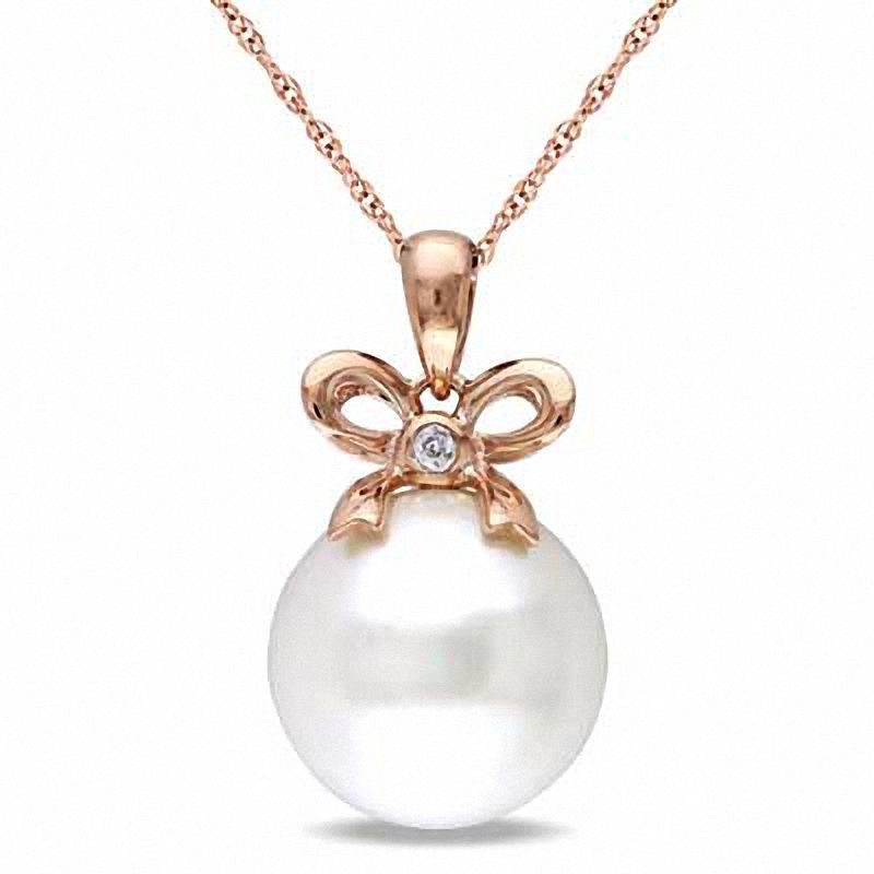 12.0-12.5mm Freshwater Cultured Pearl and Diamond Accent Bow Pendant in 10K Rose Gold-17"|Peoples Jewellers