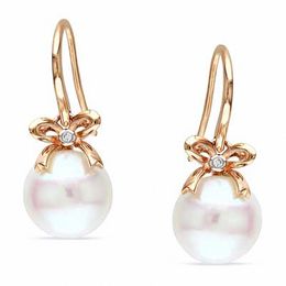 10.5-11.0mm Freshwater Cultured Pearl and Diamond Accent Bow Earrings in 10K Rose Gold