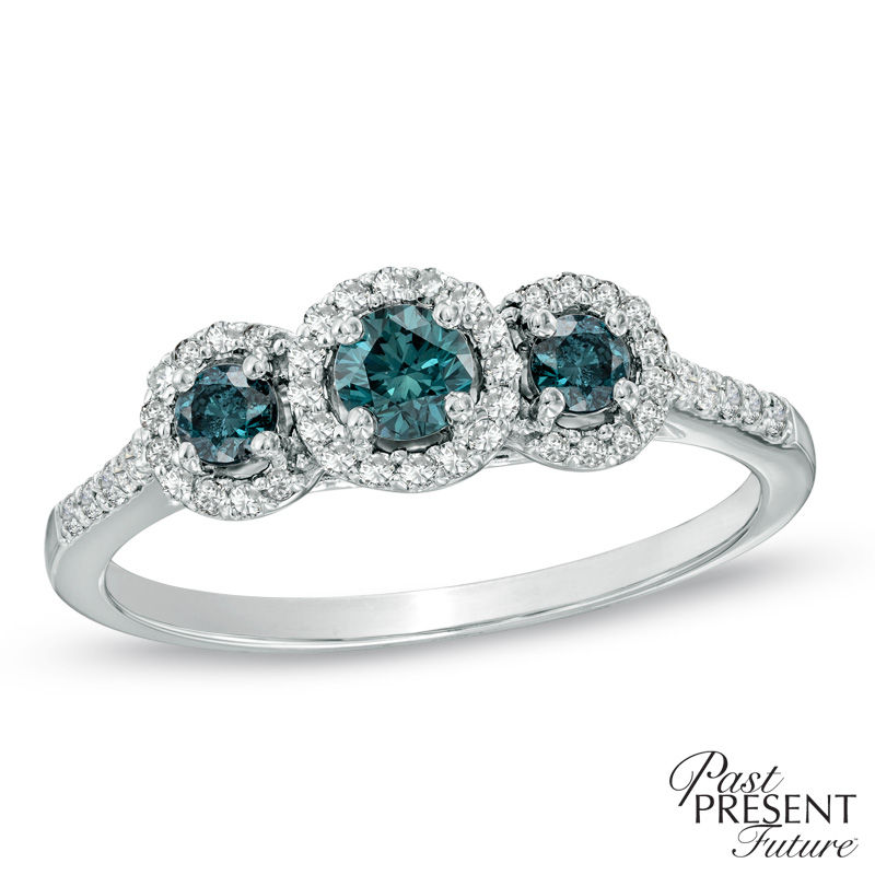 0.45 CT. T.W. Enhanced Blue and White Diamond Past Present Future® Ring in 10K White Gold|Peoples Jewellers