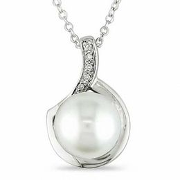 9.0-10.0mm Button Freshwater Cultured Pearl and Diamond Accent Pendant in Sterling Silver