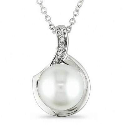 9.0-10.0mm Button Freshwater Cultured Pearl and Diamond Accent Pendant in Sterling Silver