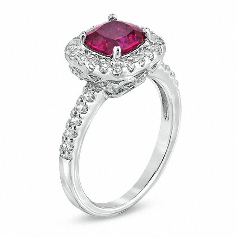 7.0mm Cushion-Cut Lab-Created Ruby and White Sapphire Ring in Sterling Silver