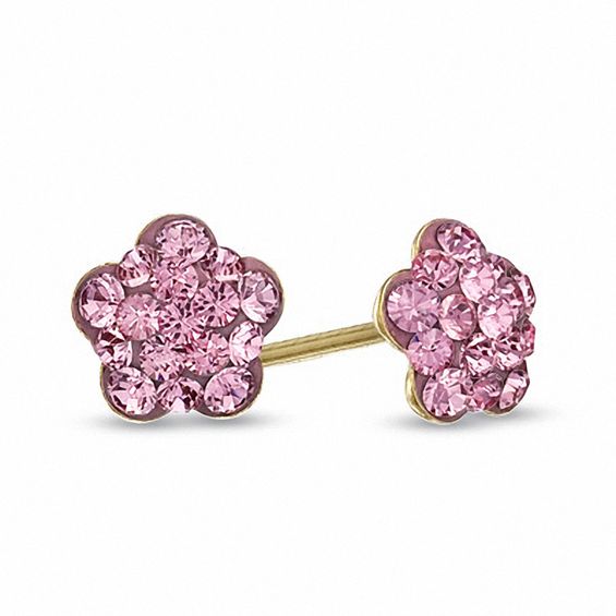 Child's Pink Crystal Flower Stud Earrings in 14K Gold