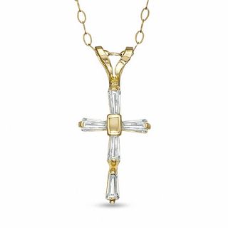 Child's Baguette Cubic Zirconia Cross Pendant in 14K Gold - 13"