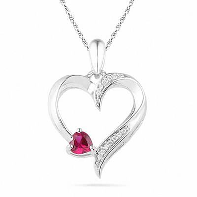 Heart-Shaped Lab-Created Ruby and Diamond Accent Heart Pendant in Sterling Silver