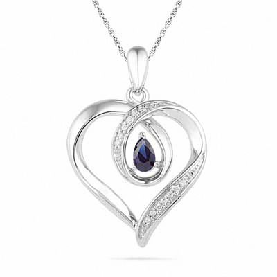 Pear-Shaped Lab-Created Blue Sapphire and Diamond Accent Heart Pendant in Sterling Silver