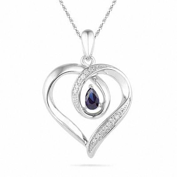 Pear-Shaped Lab-Created Blue Sapphire and Diamond Accent Heart Pendant in Sterling Silver