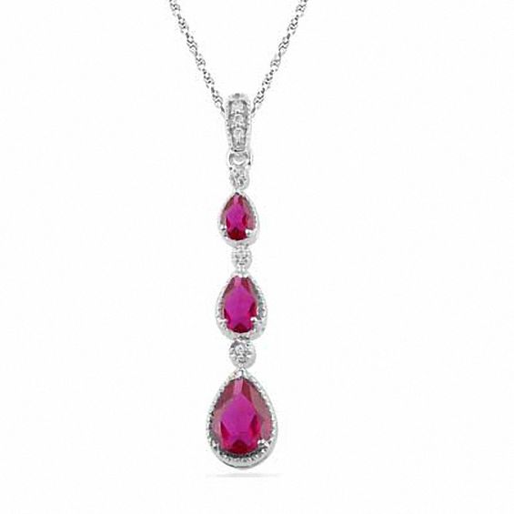 Pear-Shaped Lab-Created Ruby and Diamond Accent Drop Pendant in Sterling Silver