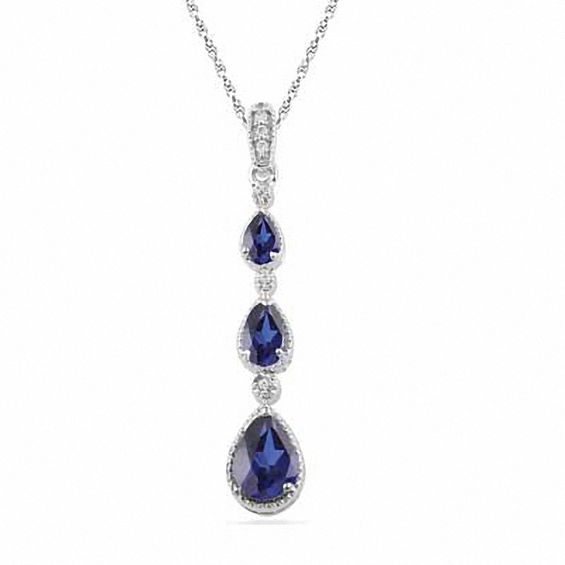 Pear-Shaped Blue Lab-Created Sapphire and Diamond Accent Drop Pendant in Sterling Silver